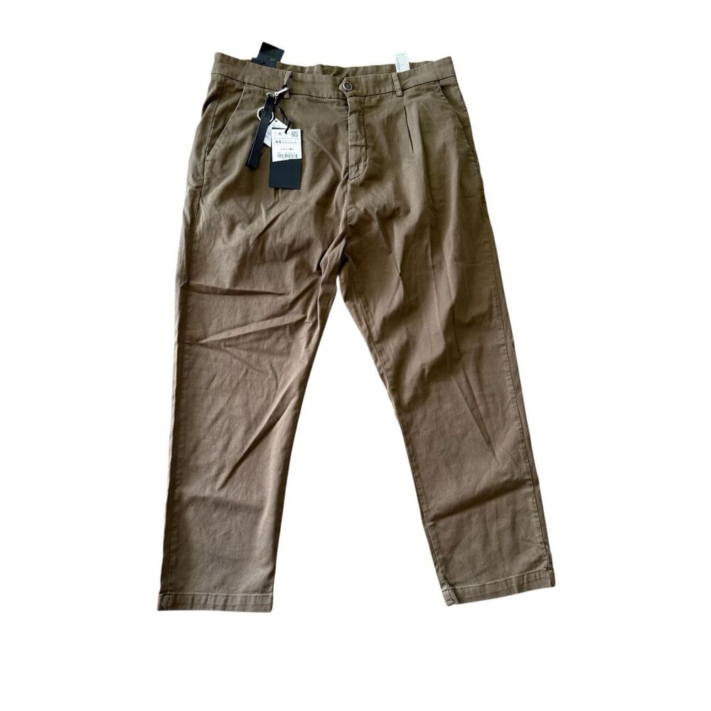 NWT Zara Mens Khaki Pleated Front Relaxed Fit Tapered Twill Chino Pants Sz US 34